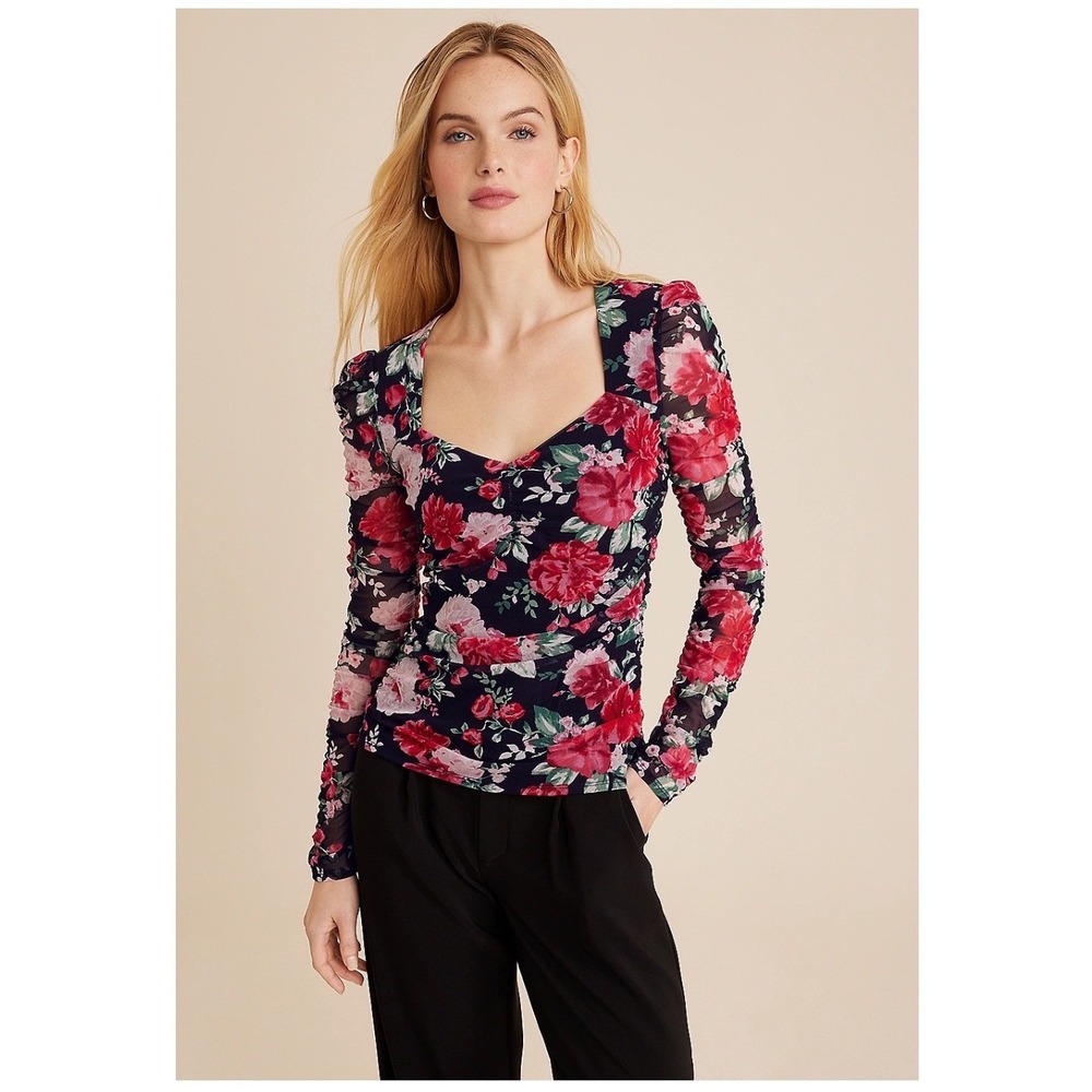 Dark Floral Mesh Ruched‎ Sweetheart Neck Top Fairy Grunge Whimsigoth Y2K Goth S